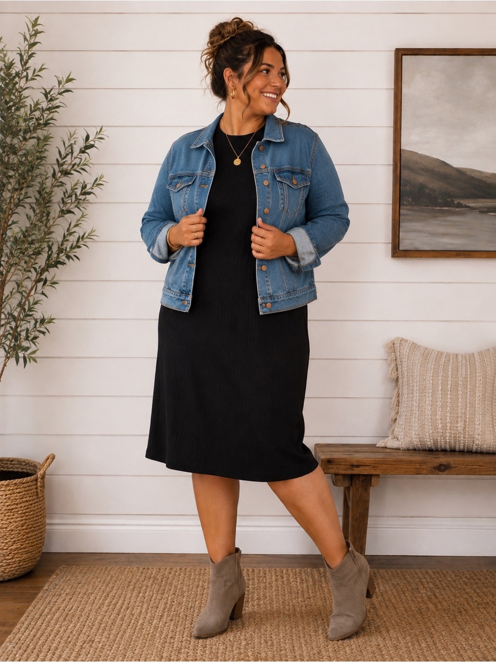 🦋 3/$20 Time and Tru Black Ribbed Midi Dress L 12-14 Button Shoulder Sleeveless